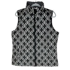 Lands End Down Quilted Puffer Vest M 10 12 Black White Lattice Zip-Up Insulated
